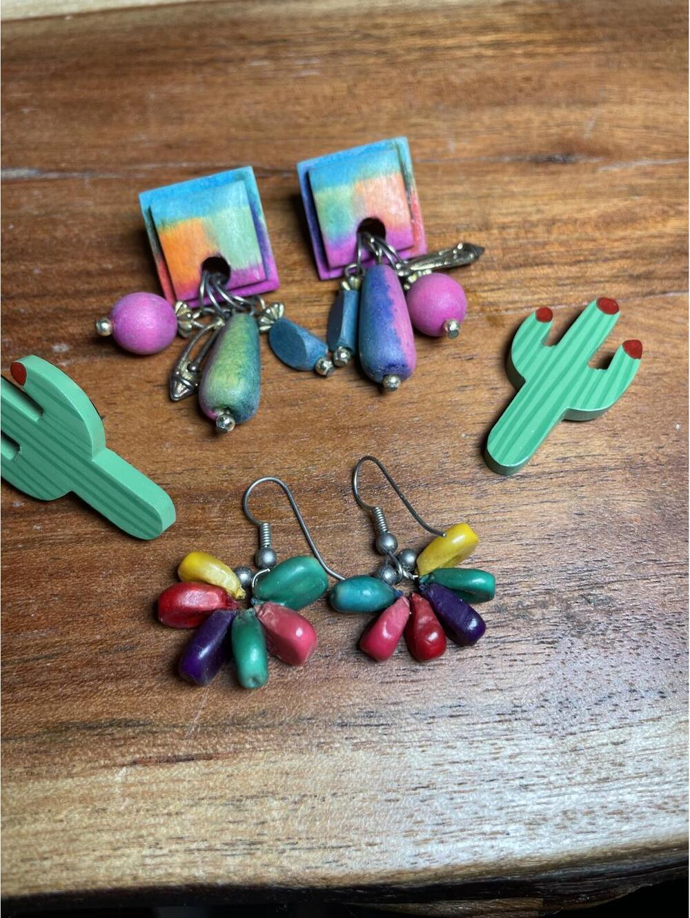 Vintage Artisan Made Painted Wood Pierced Earrings